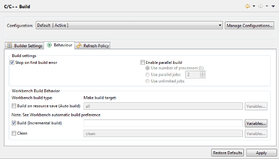 Eclipse Builders "Behaviour" dialog